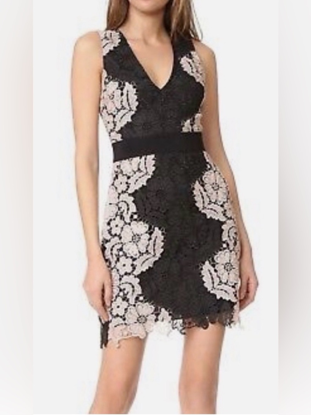 Alice + Olivia - Patricia A Line Cream Black Lace Sleeveless Mini Dress Size 0